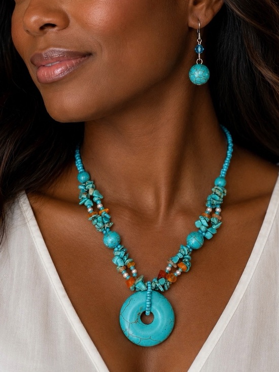 Jewelry - 2-piece Set - Blue Turquoise Stone Pendant Necklace and Earrings